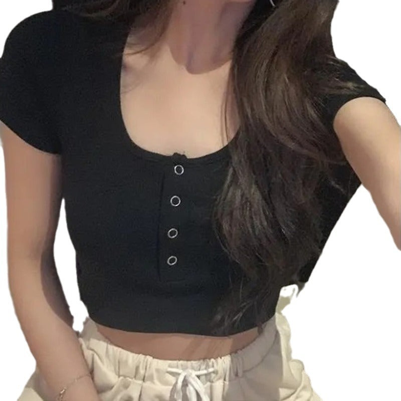 Damen T-Shirt Crop- Elastischer Bund Mit Knöpfen Weiß