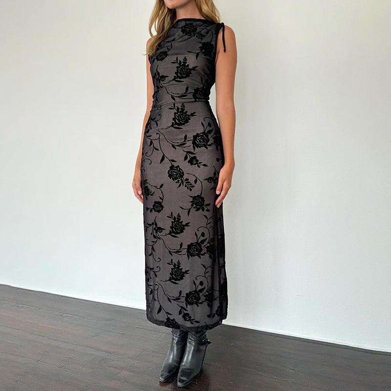 Damen Maxikleid Ärmellos Florales Muster Spitze Norvielle