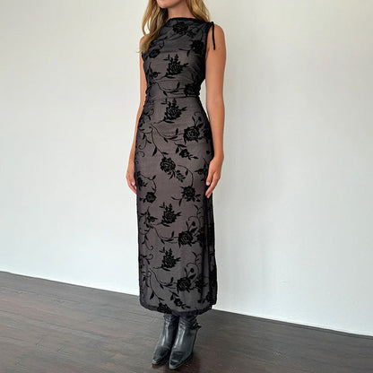 Damen Maxikleid Ärmellos Florales Muster Spitze Norvielle