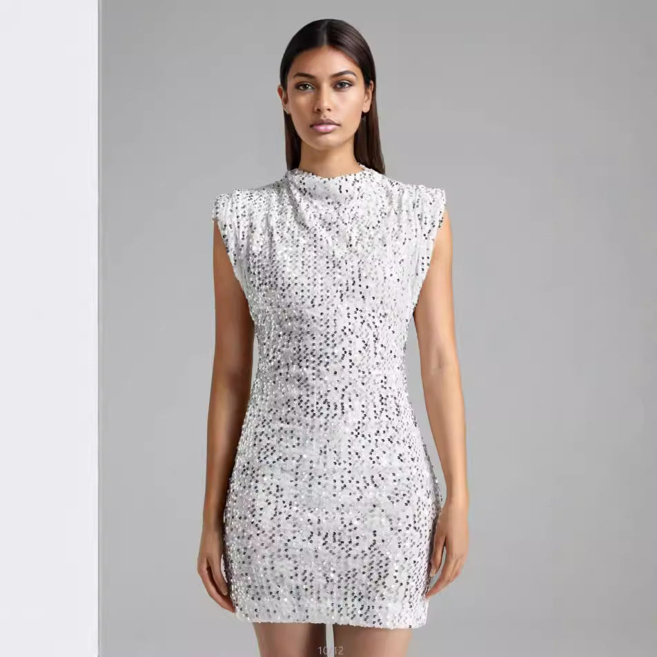 Damen Minikleid Glitzernd mit Stehkragen und Pailletten