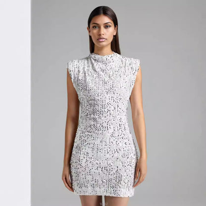 Damen Minikleid Glitzernd mit Stehkragen und Pailletten