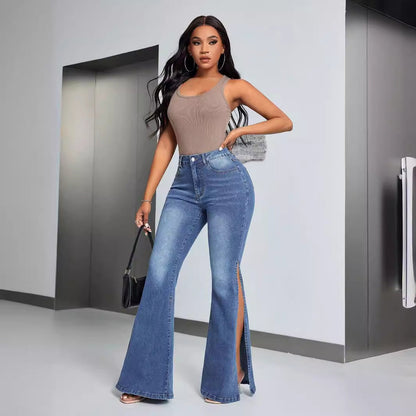 Damen High-Waist Flare Jeans mit Schlitzen Norvielle