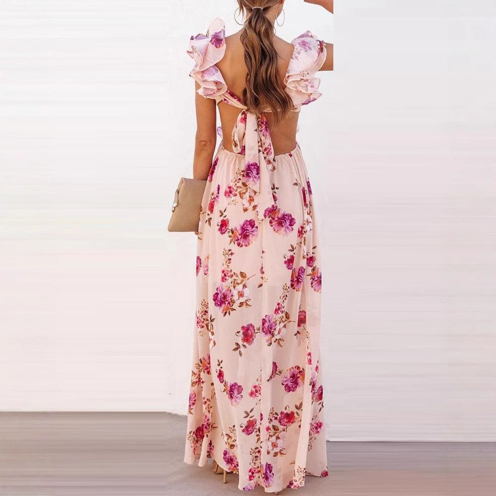Damen Maxikleid mit Blumenmuster und V-Ausschnitt
