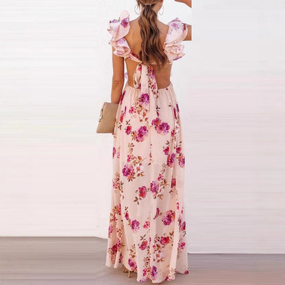 Damen Maxikleid mit Blumenmuster und V-Ausschnitt