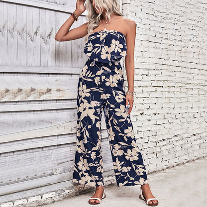 Damen Jumpsuit Florales Rüschenoberteil Weites Bein
