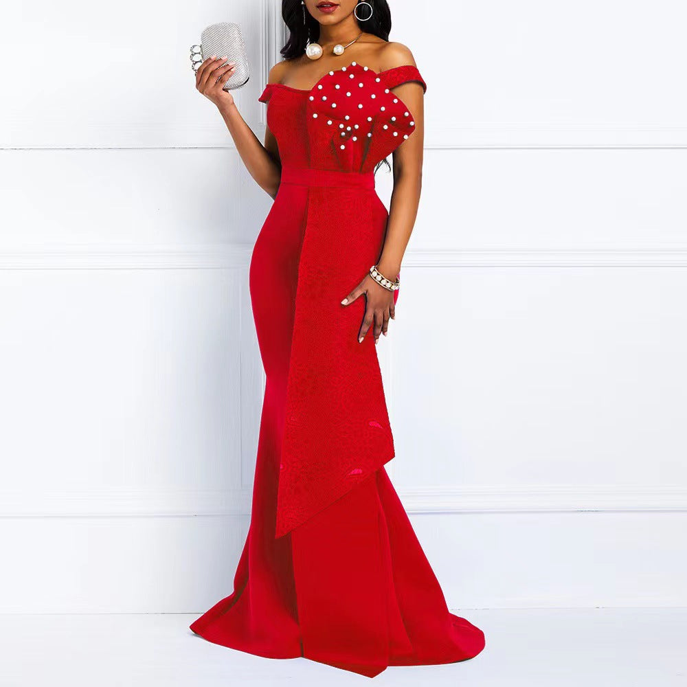 Damen Abendkleid Off-Shoulder Spitze Applikationen