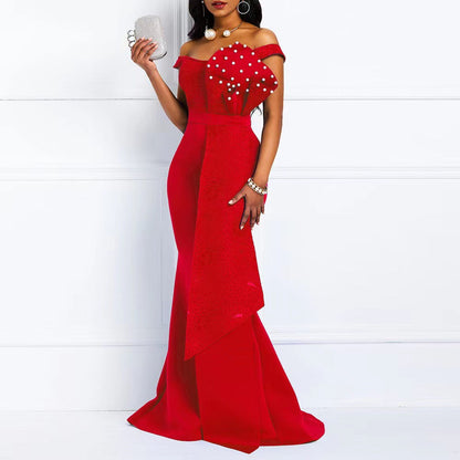 Damen Abendkleid Off-Shoulder Spitze Applikationen