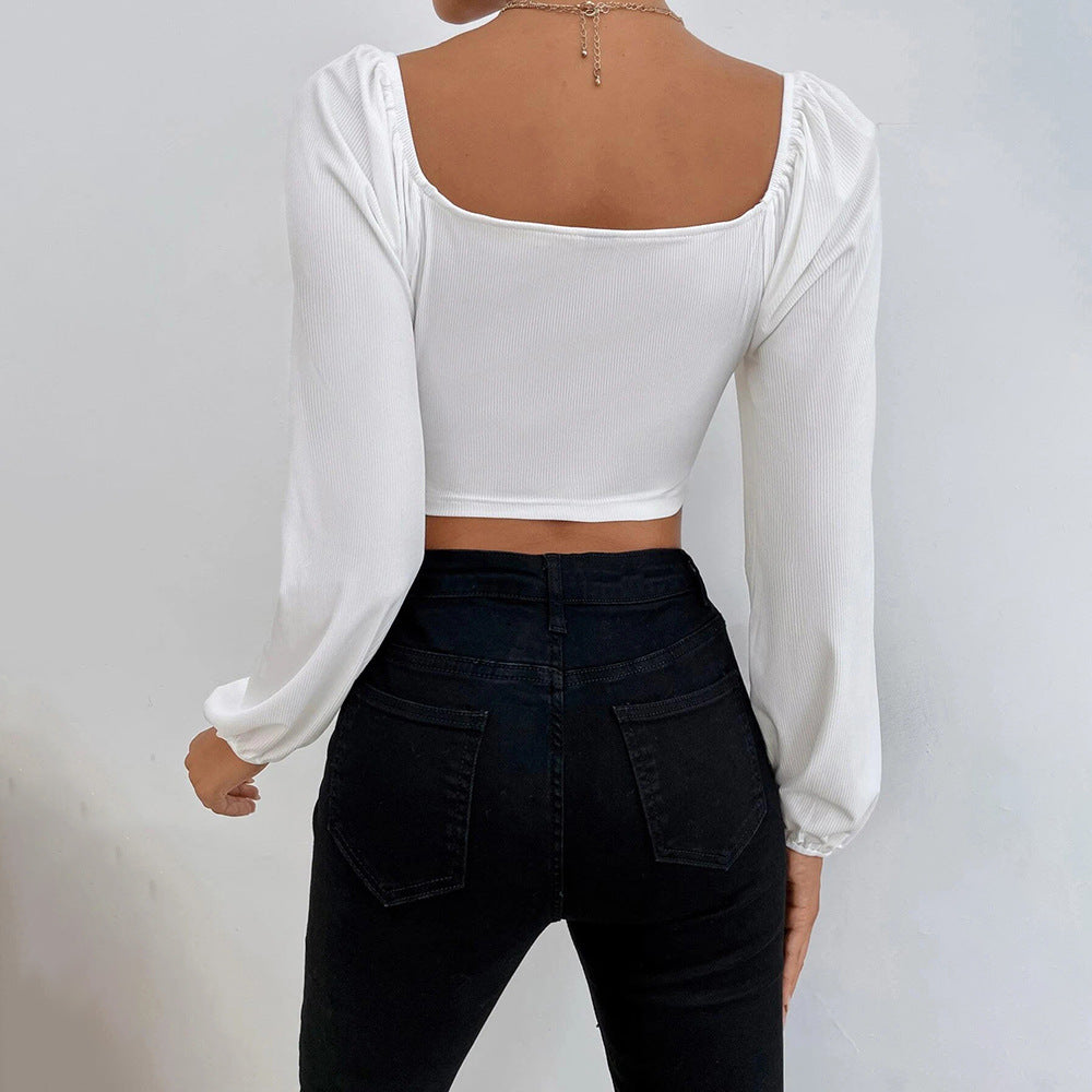 Damen Cropped Oberteil Puffärmel Figurbetonter Stil