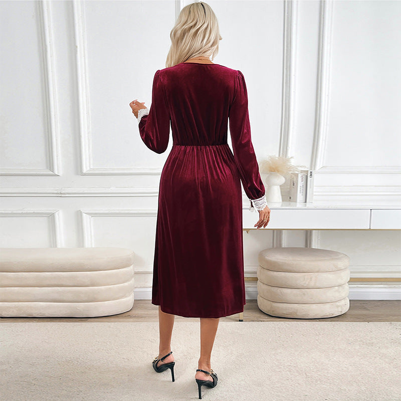 Damen Samtkleid Spitzenapplikationen Knöpfe