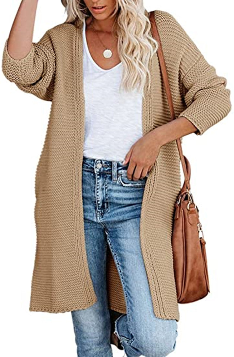 Damen Grobstrick-Cardigan Lässig Offene Kanten Beige
