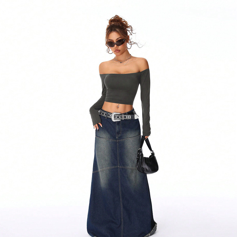 Damen Crop- Off-Shoulder Langärmlig Figurbetonter Stoff Norvielle