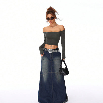 Damen Crop- Off-Shoulder Langärmlig Figurbetonter Stoff Norvielle