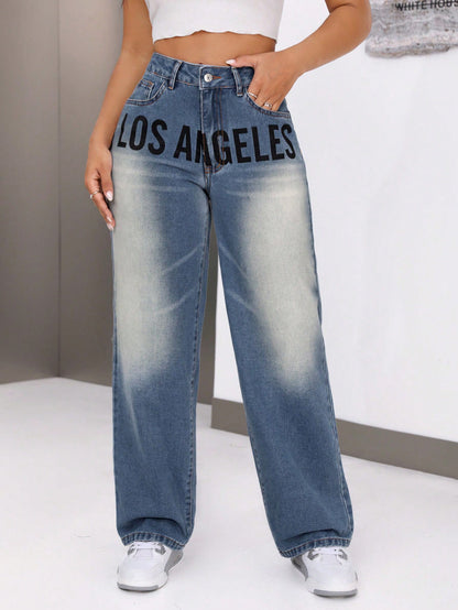 Damen Weite Jeans Mit Stylischem Schriftzug Norvielle