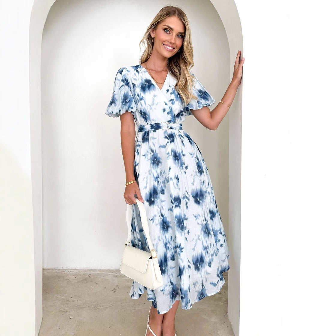 Damen Midi-Kleid Wickeldesign Blumenmuster