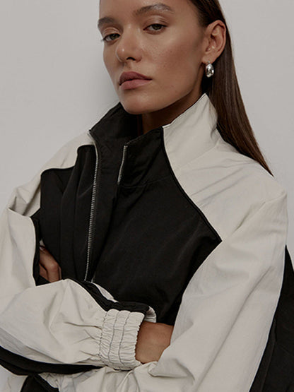 Damen Sportjacke Hochkragen Kontrastärmel Modern
