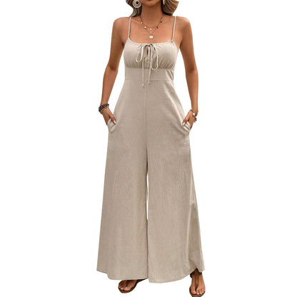 Damen Jumpsuit V-Ausschnitt Bequemer Bindegürtel Norvielle