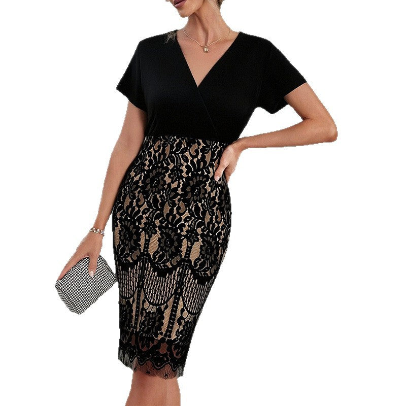 Damen Spitzenkleid V-Ausschnitt Kurzarm Norvielle