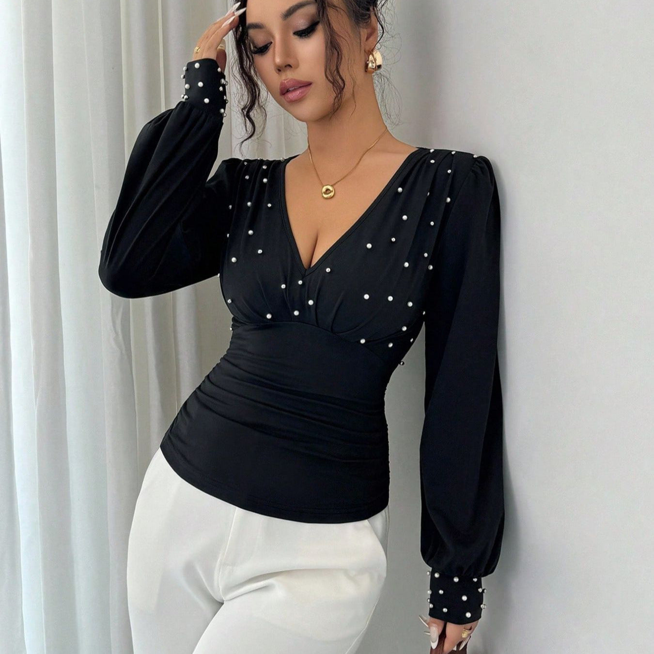 Damen Bluse V-Ausschnitt Verziert Norvielle