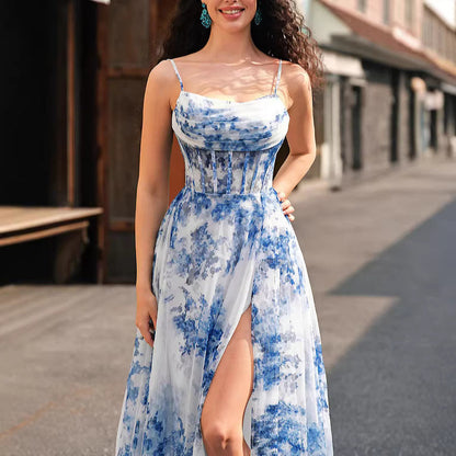 Damen Maxikleid Florales Muster Schwingender Rock