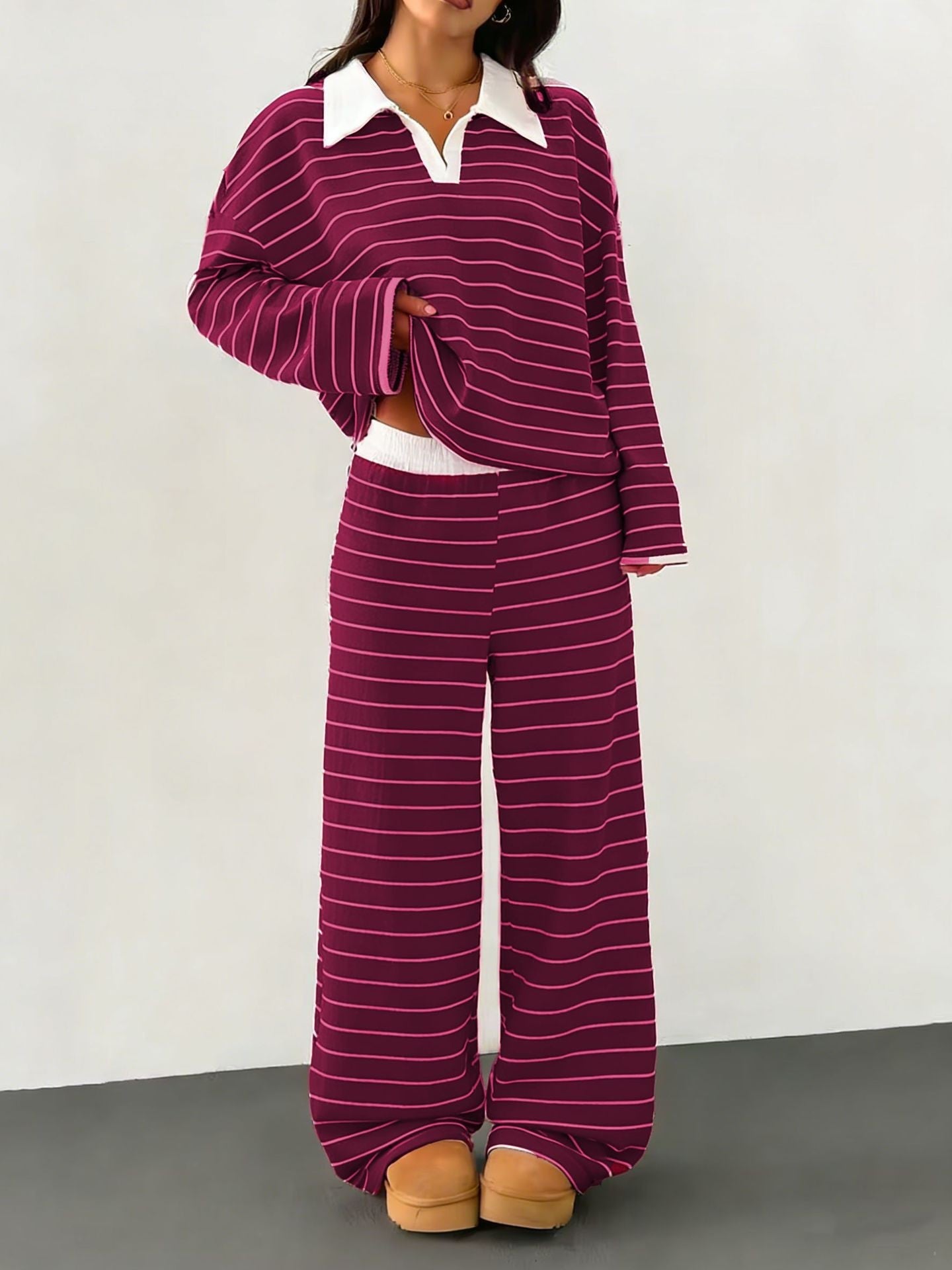 Damen Loungewear-Set mit Kragen Streifen Norvielle
