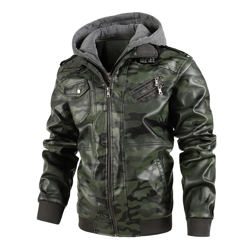 Herren Camouflage Jacke Synthetikleder Kapuze Taschen - Norvielle