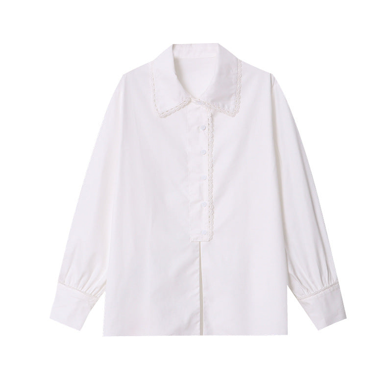 Damen Bluse Spitzenkragen Elegantes Design Weiß