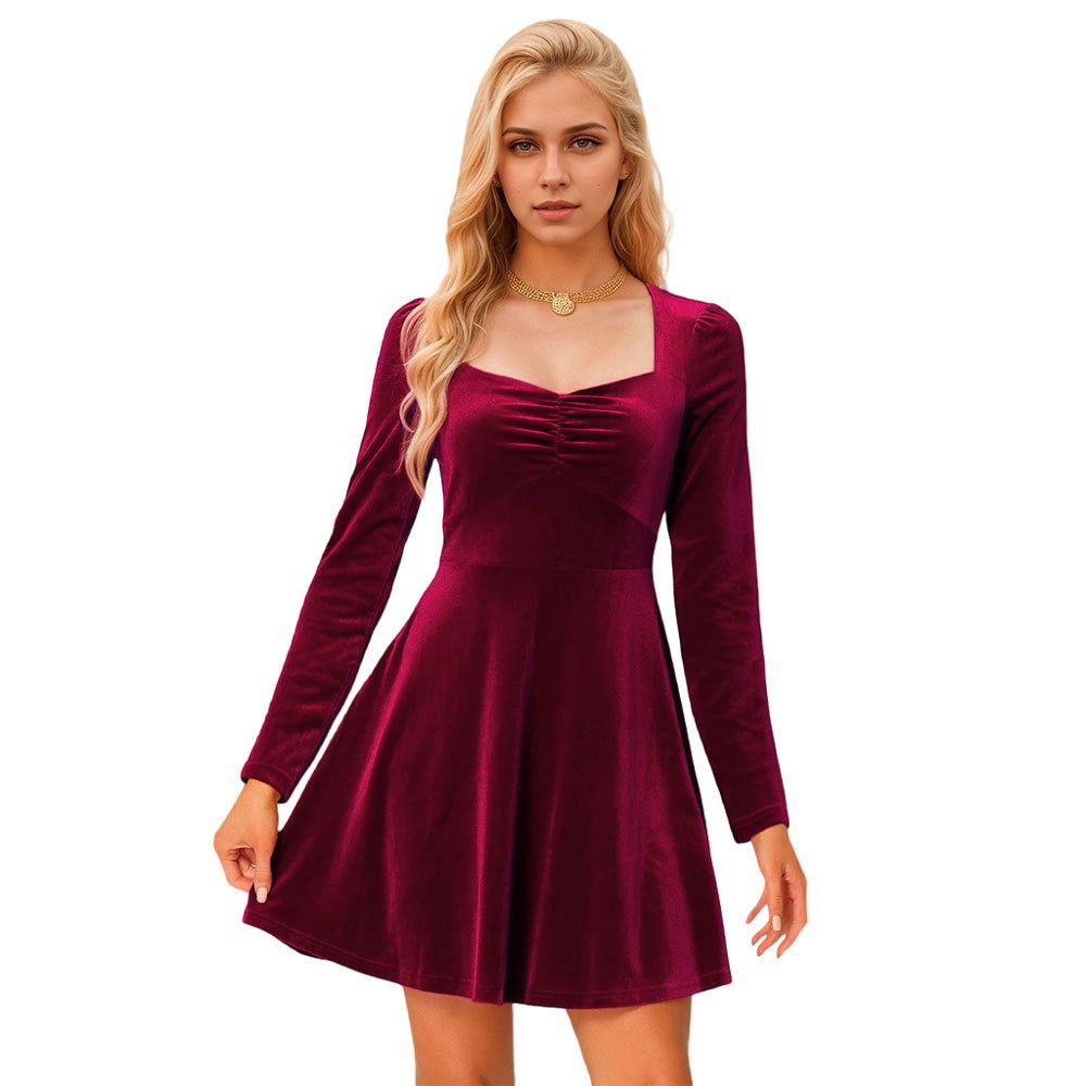 Damen Samt Minikleid Quadratischer Ausschnitt Länge Knie