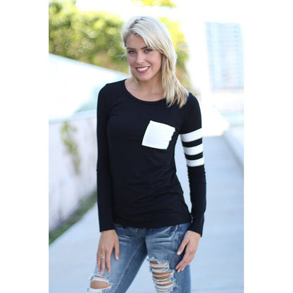 Damen Langarmshirt Kontraststreifen Abgesteppte Brusttasche Norvielle