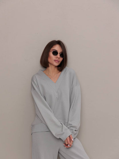 Damen Oversized Sweatshirt V-Ausschnitt Länge Lang Ärmel Grün