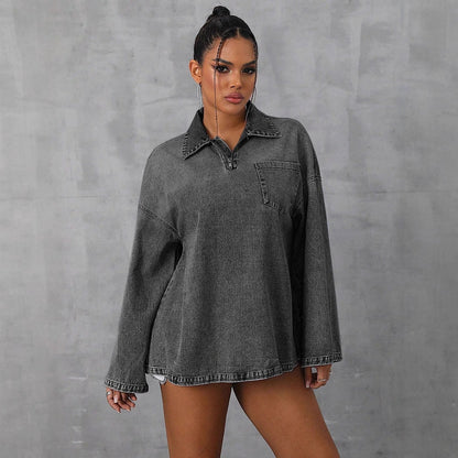 Damen Oversized Denimbluse Lässiger Kragen