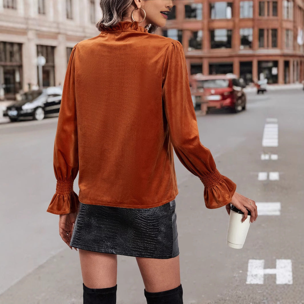 Damen Bluse Samt Rüschendetails Elegant