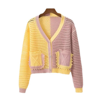 Damen Strickcardigan Luftig Netzstruktur Taschen Beige
