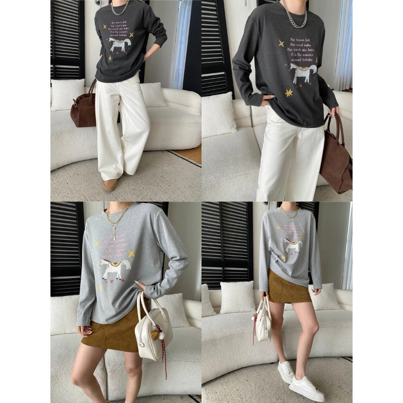 Damen Sweatshirt Einhorn-Print Rundhalsausschnitt Farbenfroh