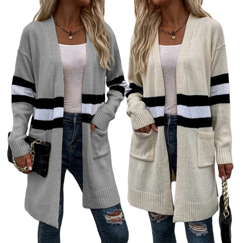 Damen Grobstrick Cardigan Lässige Streifen Tiefen Taschen Beige - Norvielle