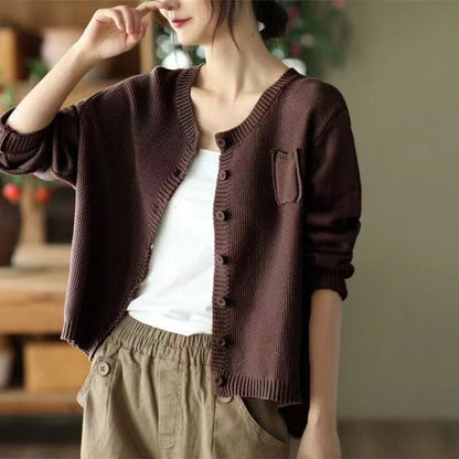 Damen Strickjacke Offene Front Dekorative Knöpfe Beige