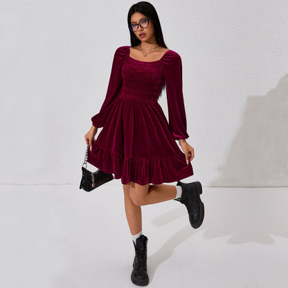 Damen Minikleid Samt Rüschendetails Elastischer Bund