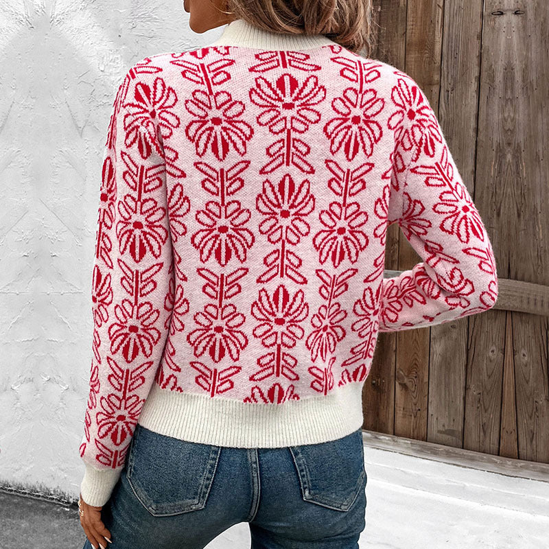 Damen Strickpullover Floralmuster Stehkragen Norvielle
