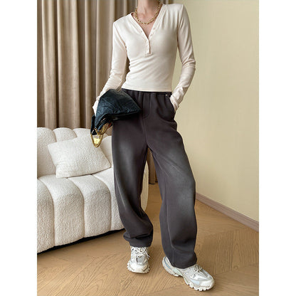 Damen Langarmshirt Rippstrick Modische Knöpfe