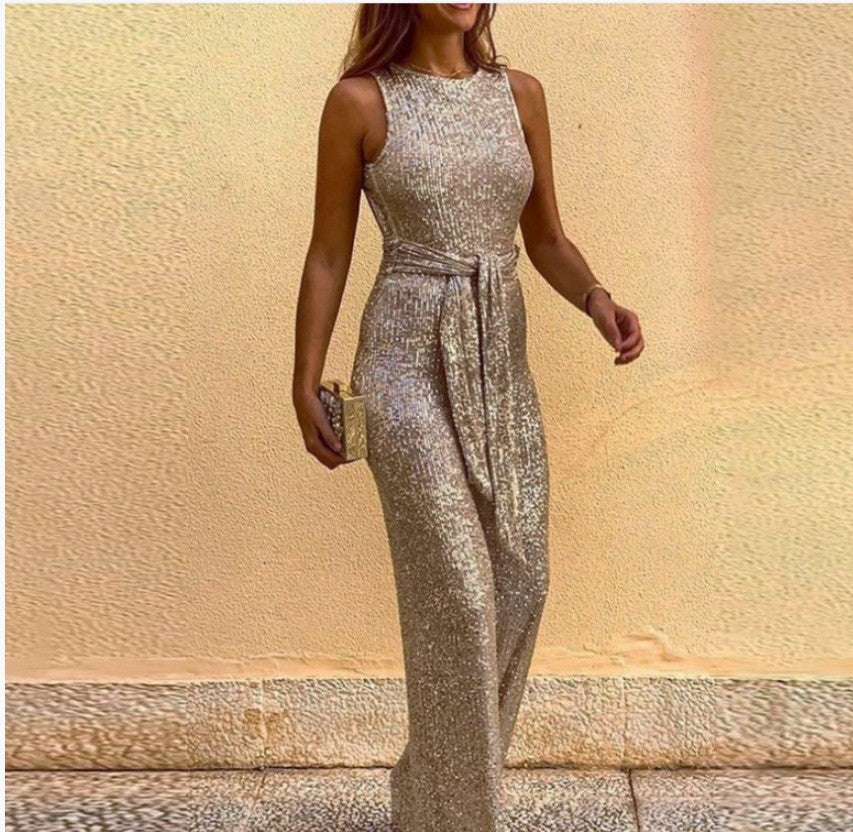 Damen Maxikleid mit Paillettenbesatz und Taillenbindung Norvielle