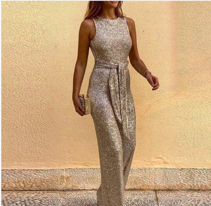 Damen Maxikleid mit Paillettenbesatz und Taillenbindung Norvielle