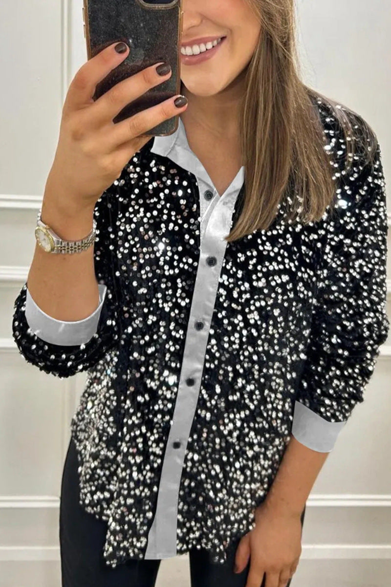 Damen Paillettenbluse Klassischer Kragen Langer Ärmel Norvielle