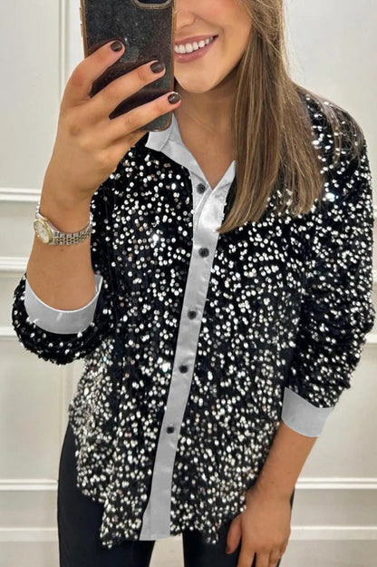 Damen Paillettenbluse Klassischer Kragen Langer Ärmel Norvielle