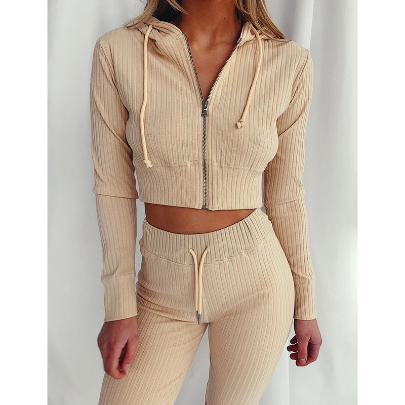 Damen Sportliches Hoodie-Set feines Rippdesign Hochkomfort Beige
