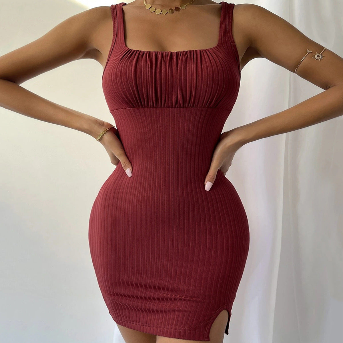 Damen Rippkleid Figurbetont Quadratischer Ausschnitt Hochschlitz - Norvielle