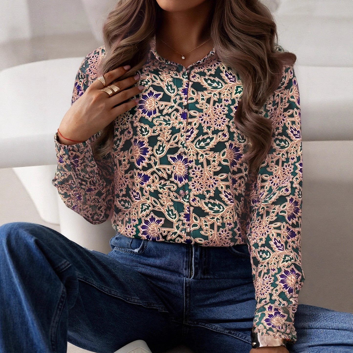 Damen Bluse mit Blumenmuster Verlängerter Saum
