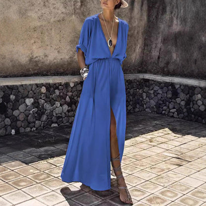 Damen Maxikleid V-Ausschnitt Hochschlitz Norvielle