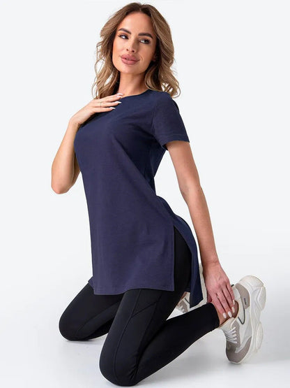 Damen Longline T-Shirt mit Schlitzen Hochwertig Bequem Weiß