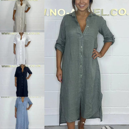 Damen Leinenkleid Atmungsaktives Leinen Mit Seitenschlitzen Beige - Norvielle