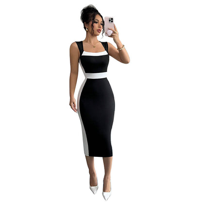 Damen Midi-Kleid Figurbetont Kontrastschnitt Schmale Träger Norvielle