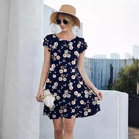 Damen Sommerkleid Blumenmuster Rüschendetails schwingender Rock - Norvielle